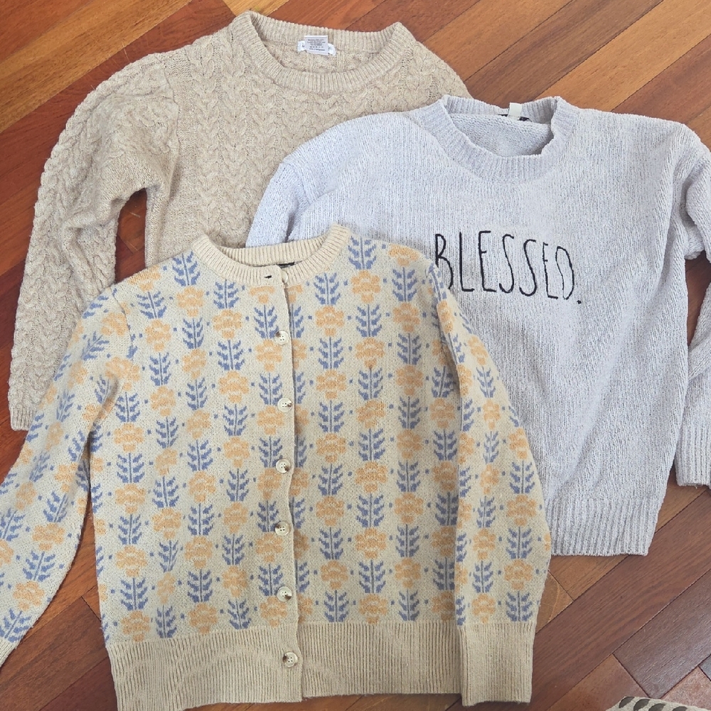 Floral Patterned Cardigan and Blessed Sweater bundle 3 Set
